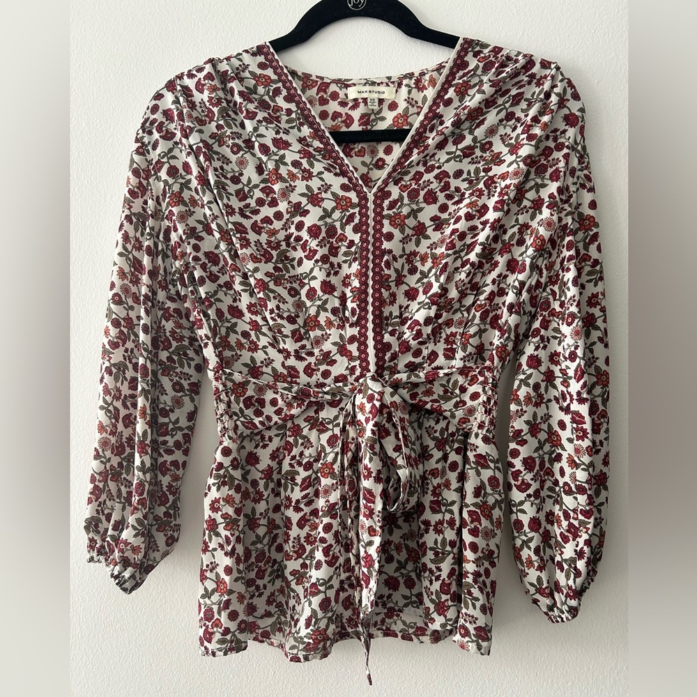 Max Studio  Women's Crepe 3/4 Sleeve Tie Front Blouse Size XS